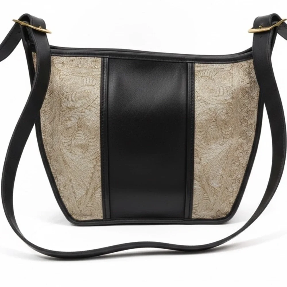 Vintage Albano Black Leather Brocade Crossbody Shoulder Bag Y2K